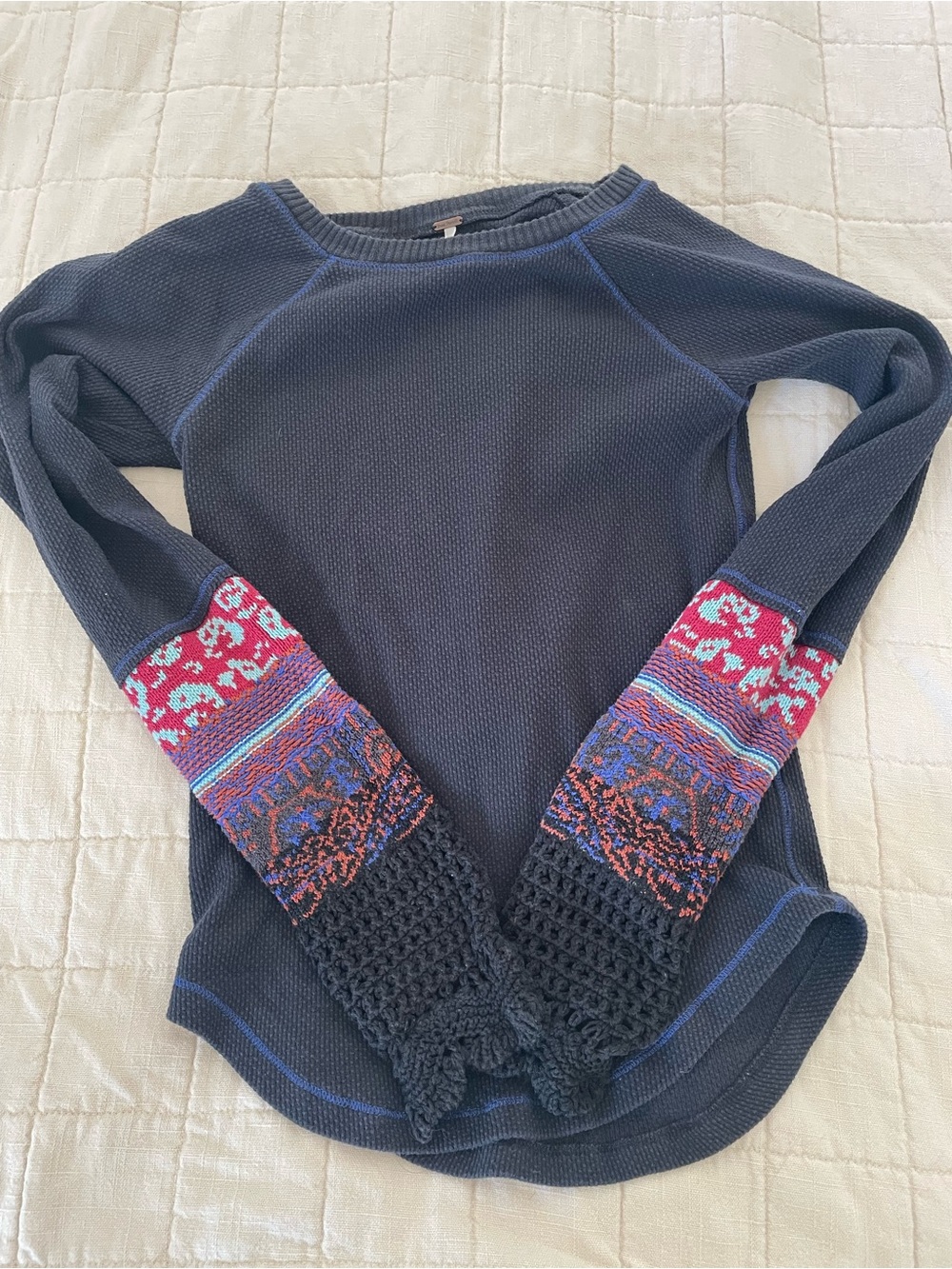 Free People Black Long Sleeve Thermal Top with Multicolor Patterned Sleeves